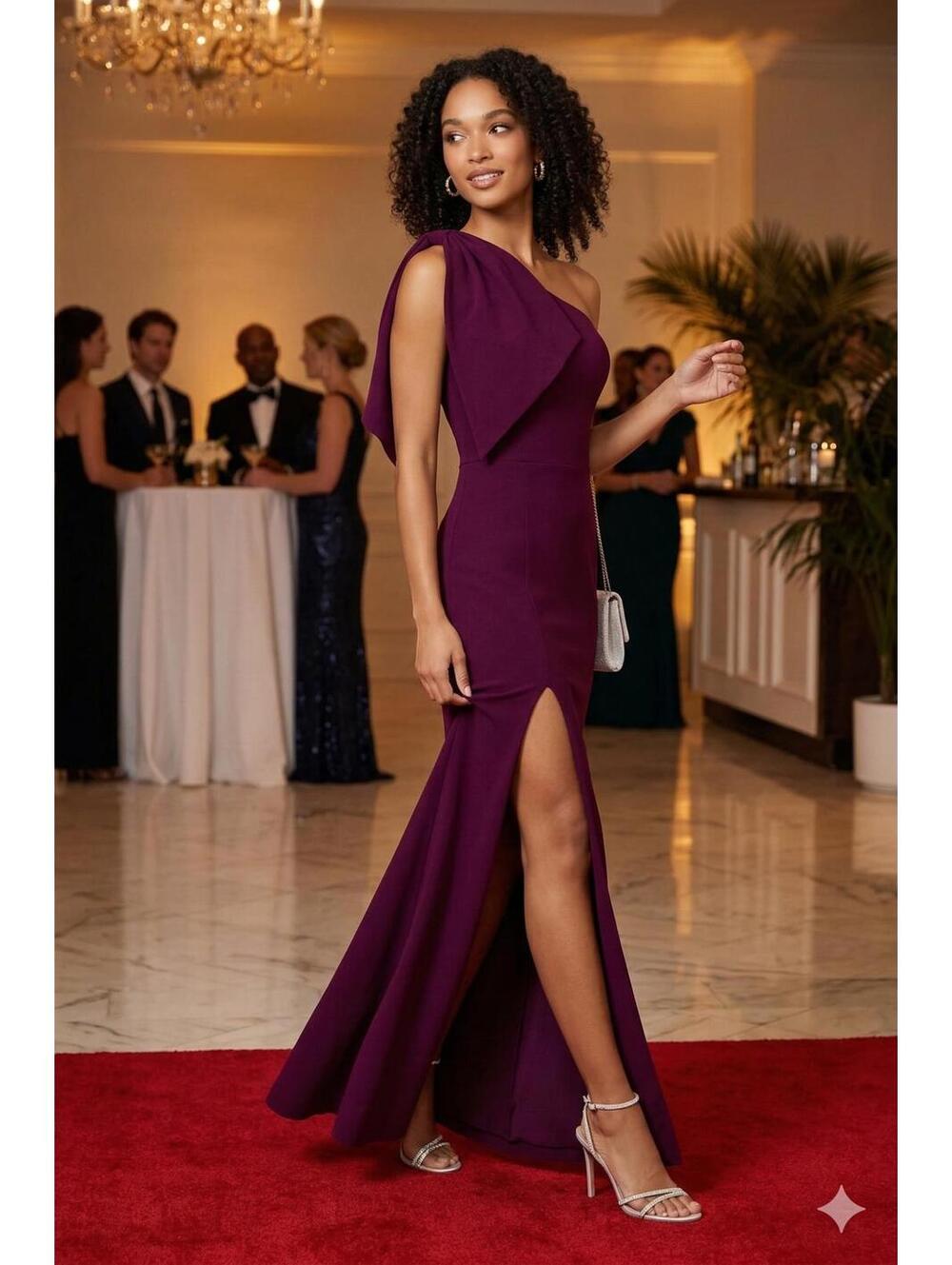 Dress The Population - Georgina One-Shoulder Gown Dark Magenta  – Large